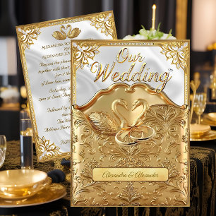 Elegant Wedding White Swans Rings Gold Diamonds Invitation