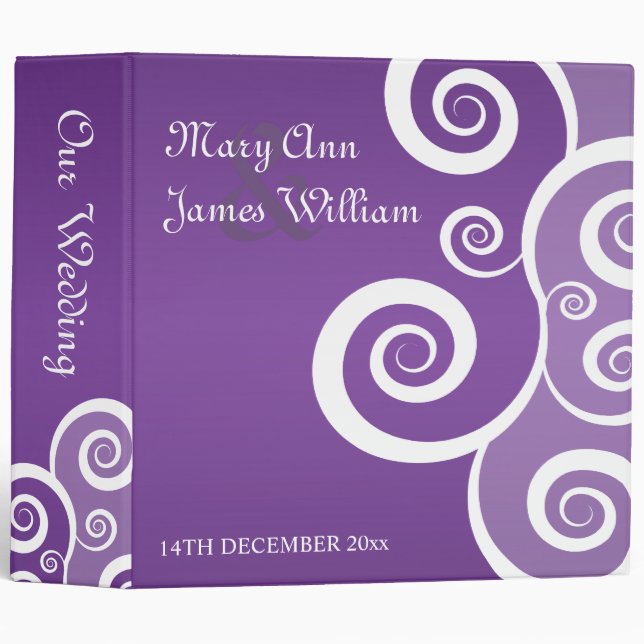 Elegant Wedding White Swirls Purple Binder (Front/Spine)