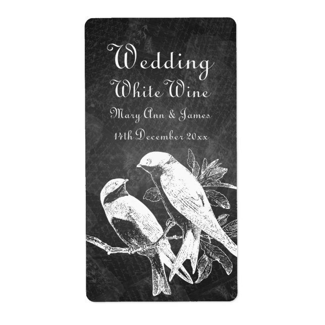 Elegant Wedding Wine Label Love Birds Black (Front)