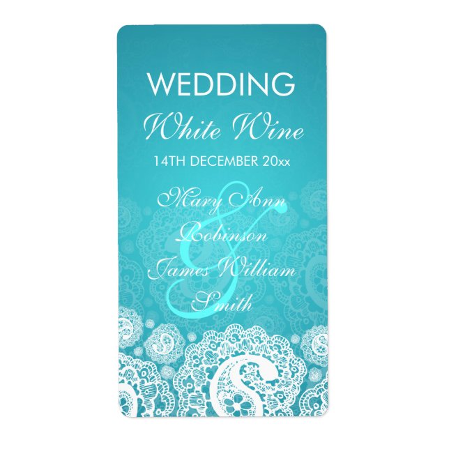 Elegant Wedding Wine Label Paisley Lace Blue (Front)