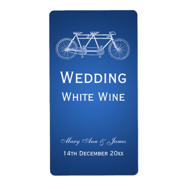 Elegant Wedding Wine Label Tandem Bike Blue (Front)