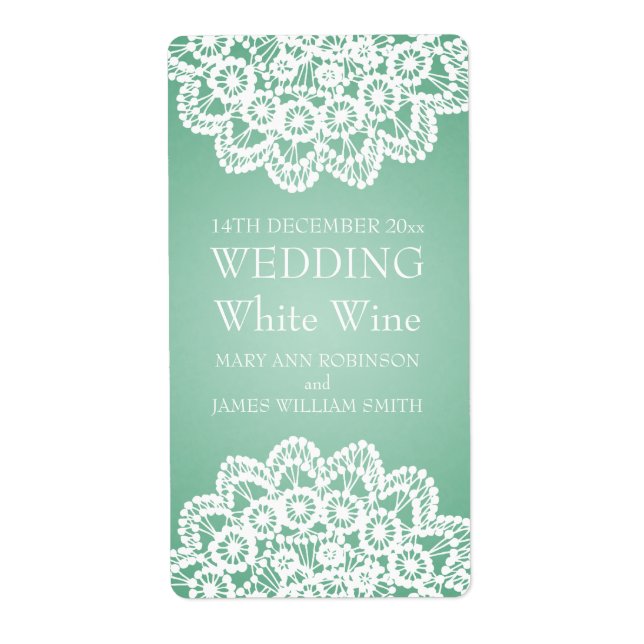 Elegant Wedding Wine Label Vintage Lace Mint Green (Front)