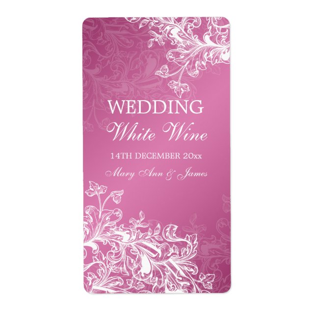 Elegant Wedding Wine Label Vintage Swirls Pink (Front)