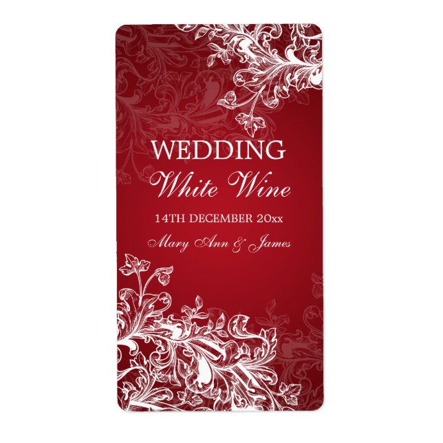 Elegant Wedding Wine Label Vintage Swirls Red (Front)