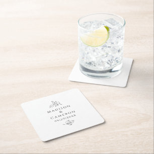Elegant Weddings Leaves Names & Date Black White Square Paper Coaster