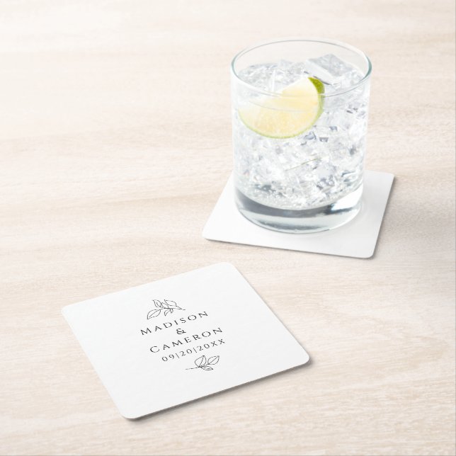 Elegant Weddings Leaves Names & Date Black White  Square Paper Coaster (Insitu)