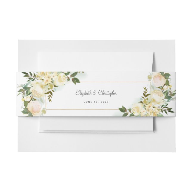 Elegant Weddings Rose Floral Gpld Frame Greenery Invitation Belly Band (Front Example)