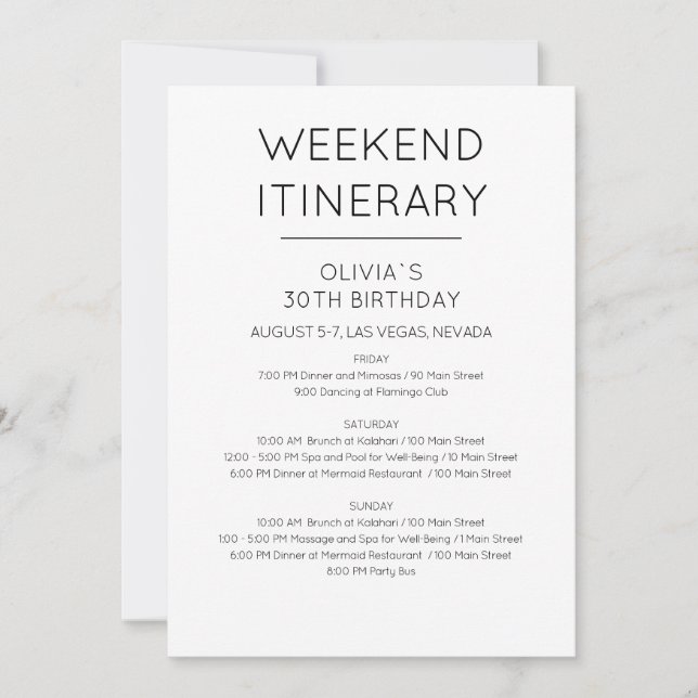 Elegant Weekend Birthday Itinerary Invitation (Front)