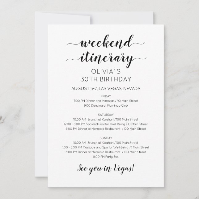 Elegant Weekend Birthday Itinerary Invitation (Front)