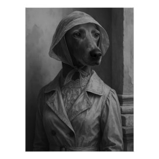Elegant Weimaraner in Vintage Raincoat and Bonnet Poster