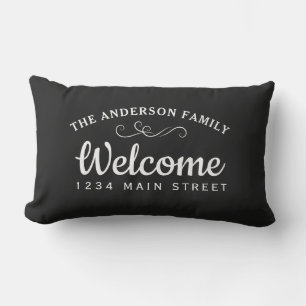 Elegant Welcome Black Personalized Family Name Lumbar Pillow