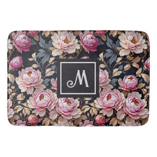 Elegant Welcome Blush Pink Peony Floral Monogram Bath Mat