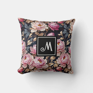 Elegant Welcome Blush Pink Peony Floral Monogram Throw Pillow