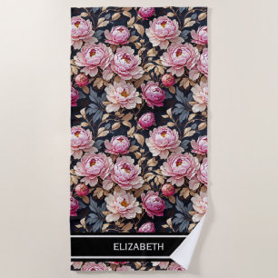 Elegant Welcome Blush Pink Peony Floral Name Beach Towel