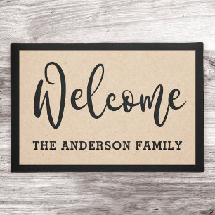 Elegant welcome family name neutral black border doormat