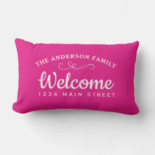 Elegant Welcome Hot Pink Personalized Family Name Lumbar Pillow