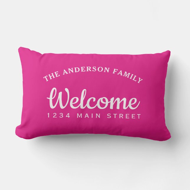 Elegant Welcome Hot Pink Personalized Family Name Lumbar Pillow (Front)