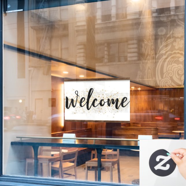Elegant Welcome Sign in Black Script with Glitter (Cafe Window)