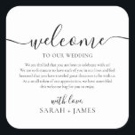 Elegant Welcome To Our Wedding Welcome Bag Square Sticker<br><div class="desc">Welcome to our Wedding Label for Wedding Welcome Bag. Design features a minimalist style text layout. To make advanced changes,  please select "Click to customize further" option under Personalize this template.</div>