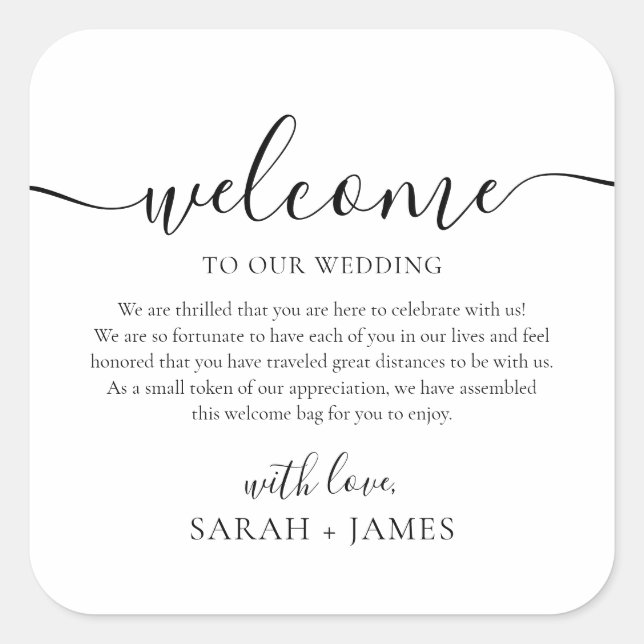 Elegant Welcome To Our Wedding Welcome Bag Square Sticker (Front)