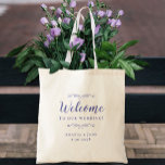 Elegant Welcome Wedding Guest Favours Periwinkle Tote Bag<br><div class="desc">Elegant, classic wedding guest favour bag features a chic design in trendy periwinkle blue on a transparent background that showcases the natural background material & colour. This modern simple design provides timeless, classic sophistication. Personalize the names of the couple and event date in elegant periwinkle lettering and script. These are...</div>