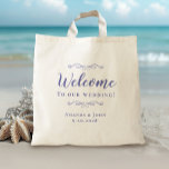 Elegant Welcome Wedding Guest Favours Periwinkle Tote Bag<br><div class="desc">Elegant, classic wedding guest favour bag features a chic design in trendy periwinkle blue on a transparent background that showcases the natural background material & colour. This modern simple design provides timeless, classic sophistication. Personalize the names of the couple and event date in elegant periwinkle lettering and script. These are...</div>