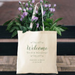 Elegant Welcome Wedding Guest Favours Sage Green Tote Bag<br><div class="desc">Elegant, classic wedding guest favour bag features a chic design in rustic sage green on a transparent background that showcases the natural background material & colour. This modern simple design provides timeless, classic sophistication. Personalize the names of the couple and event date in elegant green lettering and script. These are...</div>