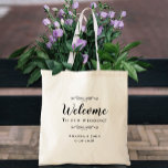 Elegant Welcome Wedding Hotel Guest Favour Black Tote Bag<br><div class="desc">Elegant, classic wedding guest favour bag features a chic design in sophisticated black on a transparent background that showcases the natural background material & colour. This modern simple design provides timeless, classic sophistication. Personalize the names of the couple and event date in elegant lettering and script. These are a perfect...</div>