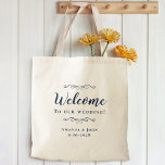 Elegant Welcome Wedding Hotel Guest Favour Blue    Tote Bag<br><div class="desc">Elegant, classic wedding guest favour bag features a chic design in trendy navy blue on a transparent background that showcases the natural background material & colour. This modern simple design provides timeless, classic sophistication. Personalize the names of the couple and event date in elegant navy blue lettering and script. These...</div>