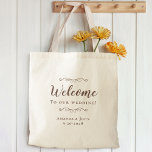 Elegant Welcome Wedding Hotel Guest Favour Brown Tote Bag<br><div class="desc">Elegant, classic wedding guest favour bag features a chic design in trendy brown on a transparent background that showcases the natural background material & colour. This modern simple design provides timeless, classic sophistication. Personalize the names of the couple and event date in elegant rustic brown lettering and script. These are...</div>