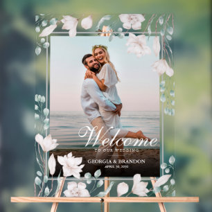 Elegant Welcome Wedding Photo Magnolia Floral Acrylic Sign