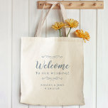 Elegant Welcome Weddings Guest Favours Dusty Blue Tote Bag<br><div class="desc">Elegant, classic wedding guest favour bag features a chic design in trendy dusty blue on a transparent background that showcases the natural background material & colour. This modern simple design provides timeless, classic sophistication. Personalize the names of the couple and event date in elegant dusty blue lettering and script. These...</div>