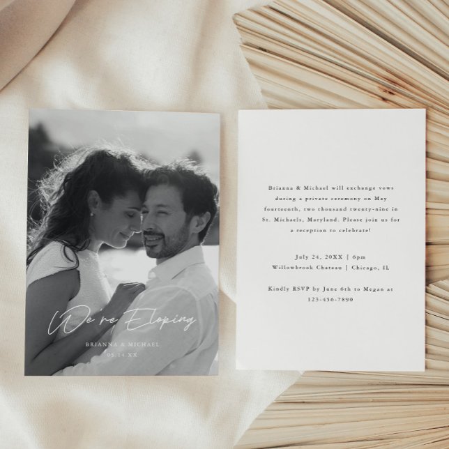 Elegant We're Eloping Black White Script Reception Invitation (Creator Uploaded)