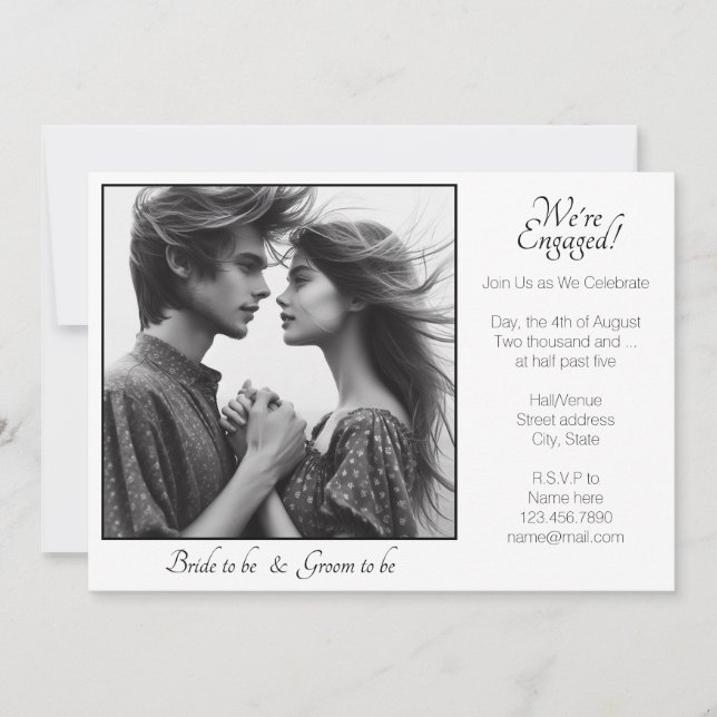 Elegant We're Engaged Framed Photo Black and White Announcement (Front)