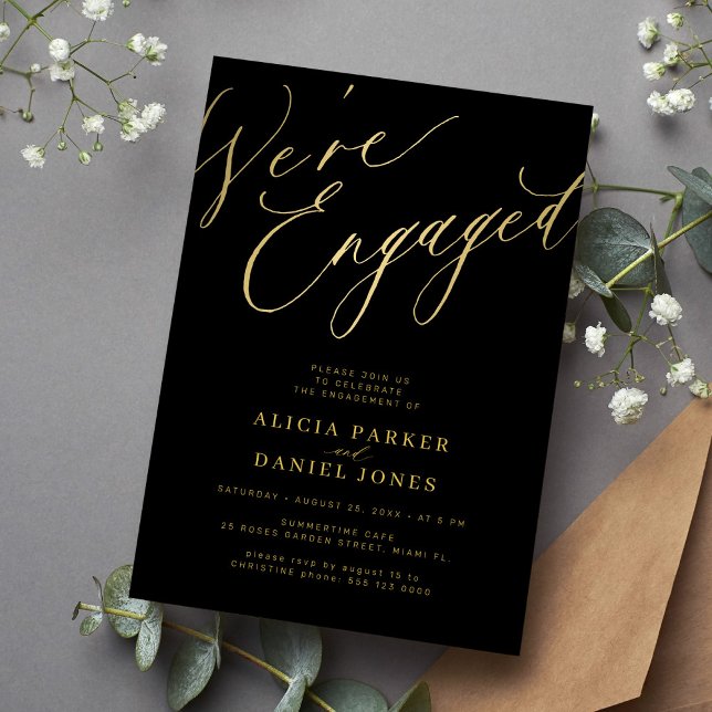 Elegant We're Engaged gold black engagement party Invitation (Creator Uploaded)