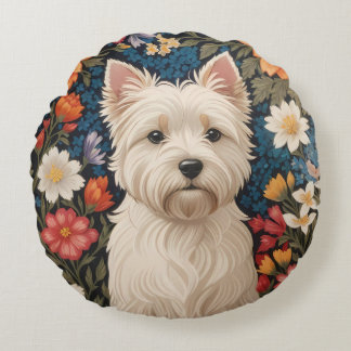 Elegant West Highland Terrier Colorful Floral Round Pillow