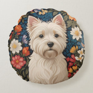 Elegant West Highland Terrier Colourful Floral Round Pillow
