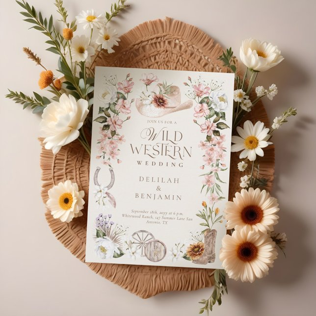 Elegant Western Watercolor Floral Cowboy Wedding Invitation (Elegant Western Watercolor Floral Cowboy Wedding Invitation)