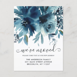 Elegant We've Moved Floral Navy Blue Rose Moving Announcement Postcard