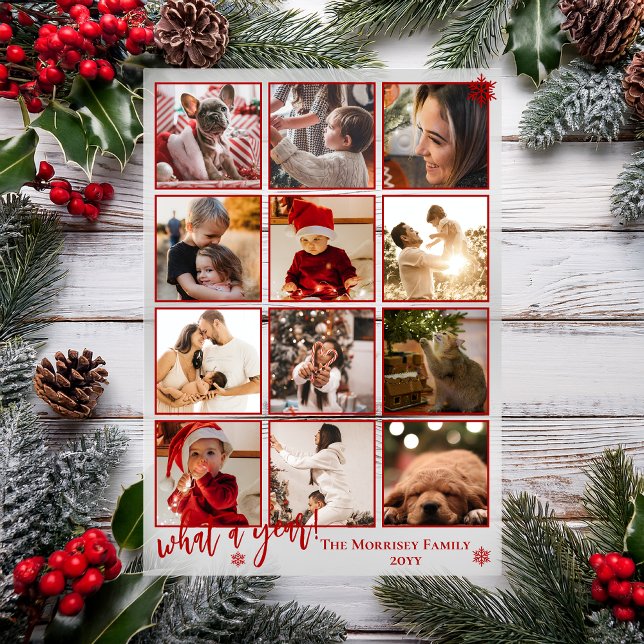 Elegant What A Year 12 Photo Snowflakes Acrylic Invitations ("What A Year!" Snowflakes Red Framed 12 Photo Christmas Holiday Acrylic Card)