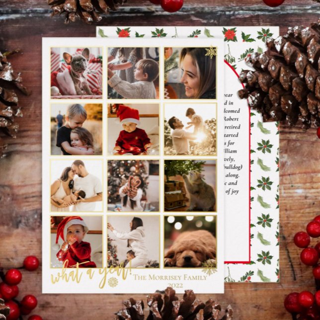 Elegant What A Year 12 Photo Snowflakes Message Foil Holiday Card (Creator Uploaded)