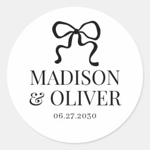 Elegant Whimsical Black Bow Monogram Wedding Classic Round Sticker