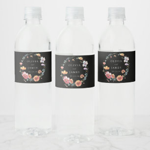 Elegant Whimsical Black Wildflower Wedding Water Bottle Label