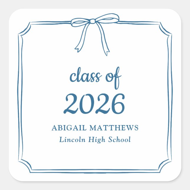 Elegant Whimsical Bow Blue Custom Graduation Favou Square Sticker (Front)