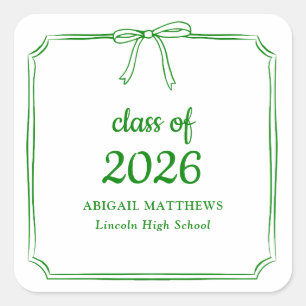 Elegant Whimsical Bow Green Custom Graduation Square Sticker