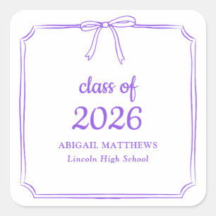 Elegant Whimsical Bow Purple Custom Graduation Square Sticker