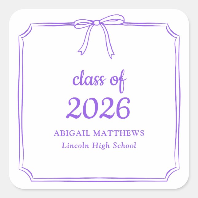 Elegant Whimsical Bow Purple Custom Graduation Square Sticker (Front)