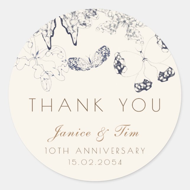 Elegant Whimsical Classic Butterflies Anniversary  Classic Round Sticker (Front)
