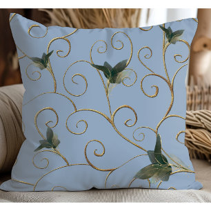 Elegant Whimsical Gold Floral Pattern Light Blue Throw Pillow