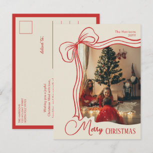 Elegant Whimsical Hand Drawn Red Bow Christmas Holiday Postcard